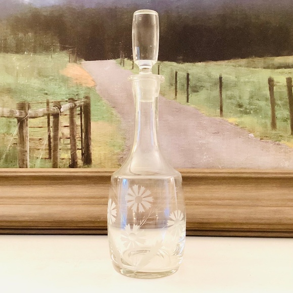 Source Unknown Other - MCM Etched Glass Decanter Cornflower 14.5” Tall Barware Entertaining Vintage